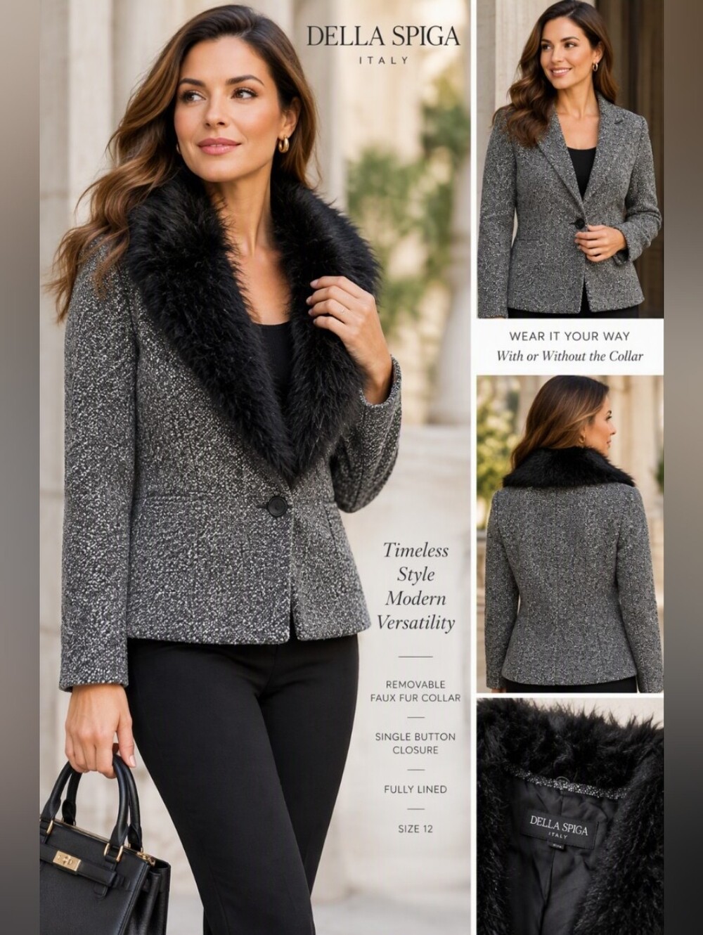 Della Spiga Italy Faux Fur Collar Jacket Coat - Size 12